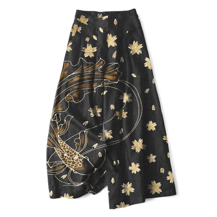 Buddha Stones Cotton Linen Koi Fish Floral Pattern Women's Elastic Waist Wide Leg Pants With Pockets - PaleGoldenrod - US16，UK/AU20，EU48 (3XL) - image 7
