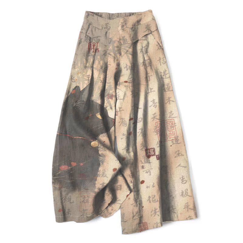 Buddha Stones Cotton Linen Calligraphy Cat Pattern Women's Elastic Waist Wide Leg Pants With Pockets - Tan - US16，UK/AU20，EU48 (3XL) - image 0