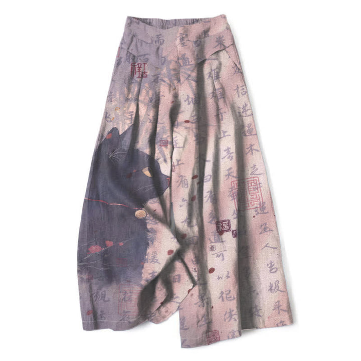 Buddha Stones Cotton Linen Calligraphy Cat Pattern Women's Elastic Waist Wide Leg Pants With Pockets - Thistle - US16，UK/AU20，EU48 (3XL) - image 7