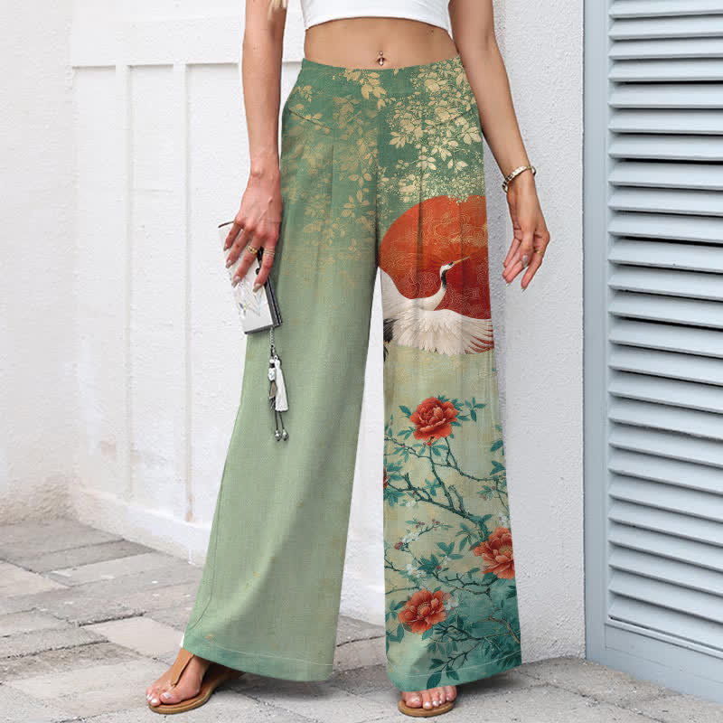 Buddha Stones Cotton Linen Crane Floral Pattern Women's Elastic Waist Wide Leg Pants With Pockets - image 8