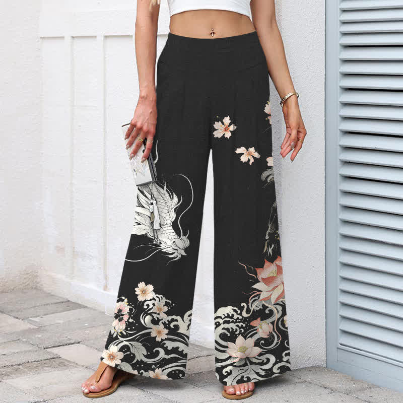 Buddha Stones Cotton Linen Oriental Dragon Pattern Women's Elastic Waist Wide Leg Pants With Pockets - image 1