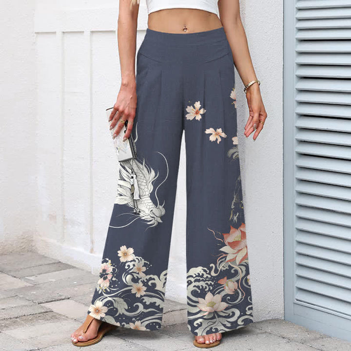 Buddha Stones Cotton Linen Oriental Dragon Pattern Women's Elastic Waist Wide Leg Pants With Pockets - image 6