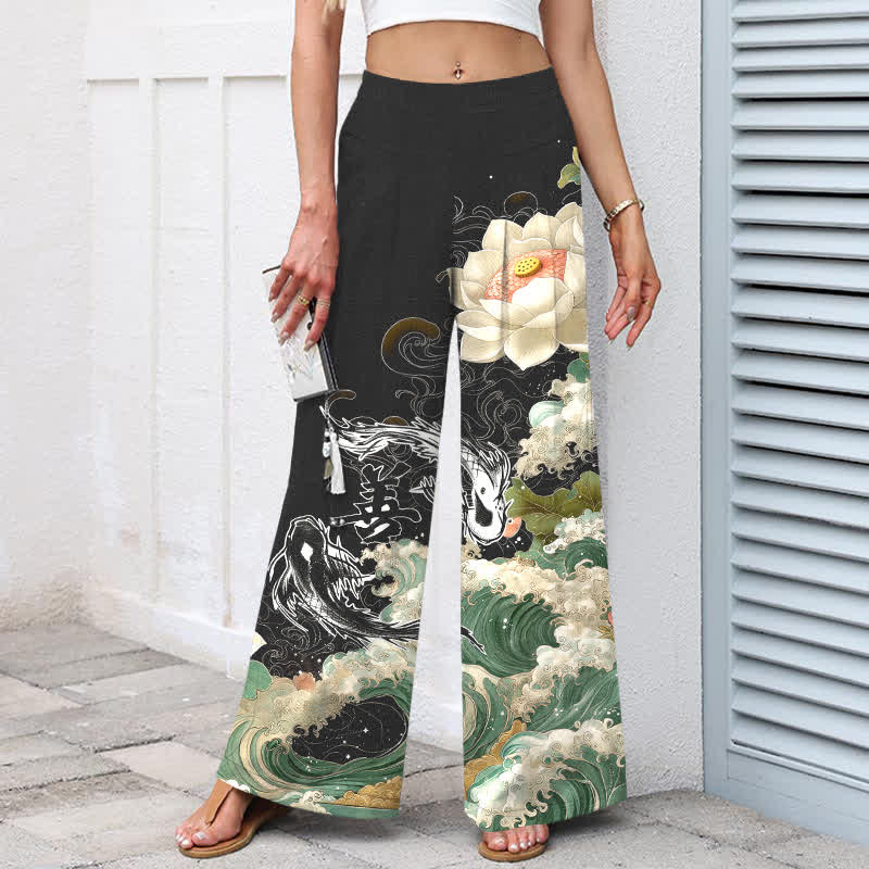 Buddha Stones Cotton Linen Lotus Koi Wave Pattern Women's Elastic Waist Wide Leg Pants With Pockets - image 1