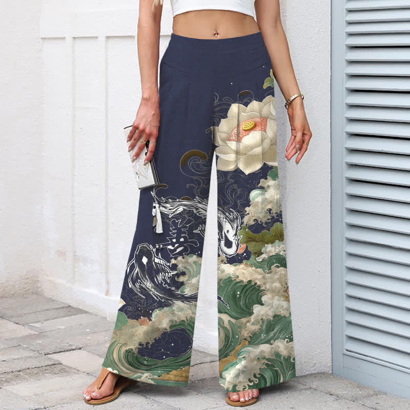 Buddha Stones Cotton Linen Lotus Koi Wave Pattern Women's Elastic Waist Wide Leg Pants With Pockets - image 6