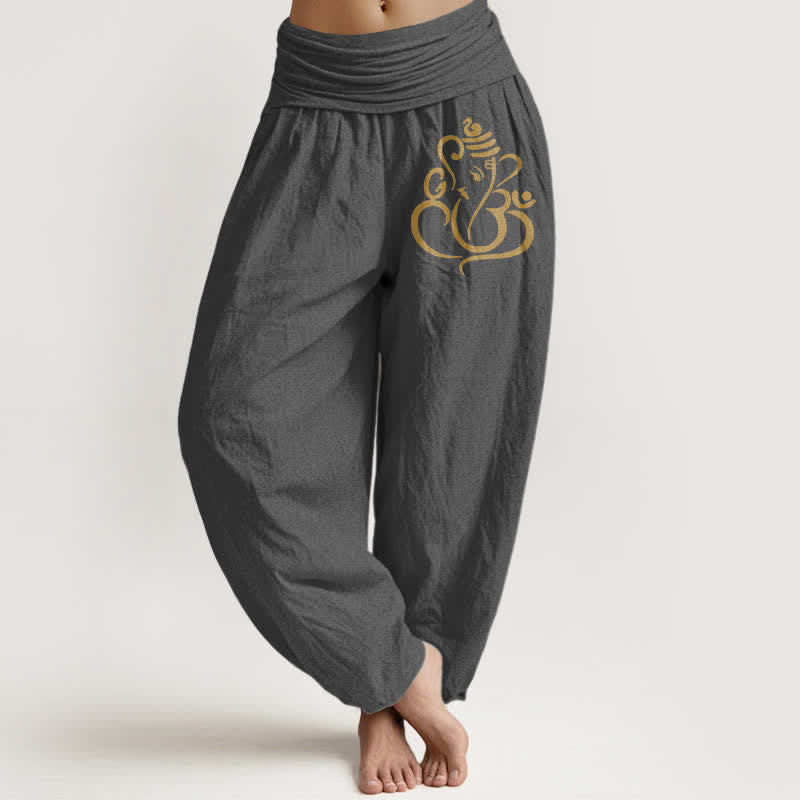 Buddha Stones Pure Cotton Golden Ganesha Pattern Women's Elastic Waist Harem Pants - DimGray - US16，UK/AU20，EU48 (3XL) - image 8