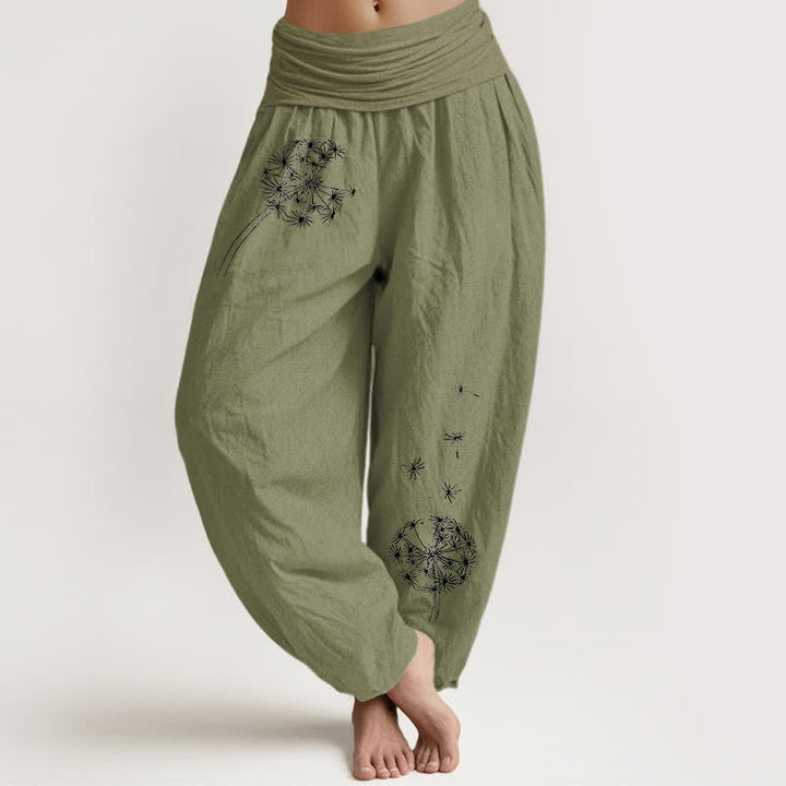 Buddha Stones Pure Cotton Dandelion Seeds Pattern Women's Elastic Waist Harem Pants - OliveDrab - US16，UK/AU20，EU48 (3XL) - image 11