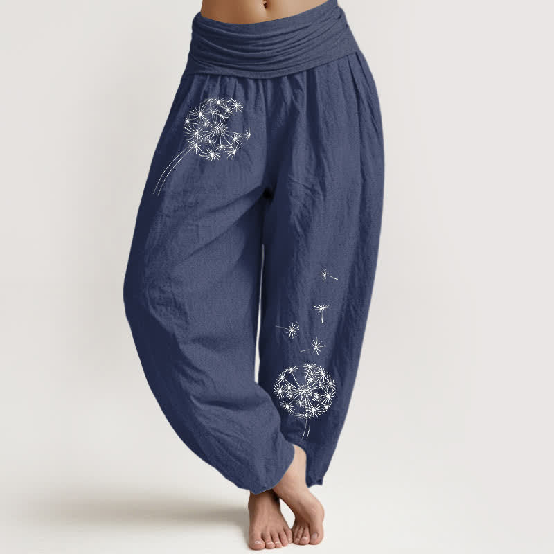 Buddha Stones Pure Cotton Dandelion Seeds Pattern Women's Elastic Waist Harem Pants - DarkSlateBlue - US16，UK/AU20，EU48 (3XL) - image 0