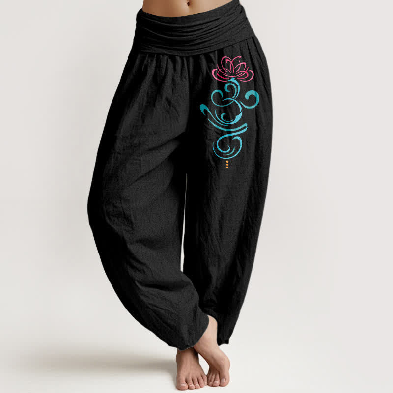 Buddha Stones Pure Cotton Lotus Vine Pattern Women's Elastic Waist Harem Pants - Black - US16，UK/AU20，EU48 (3XL) - image 0