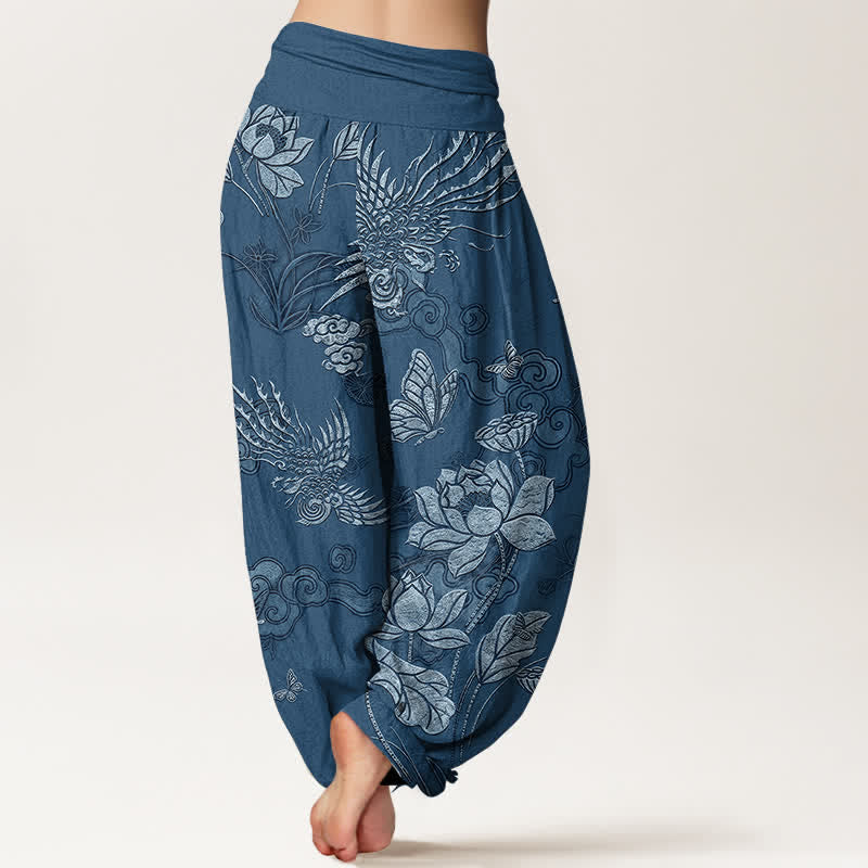 Buddha Stones Cotton Lotus Bird Pattern Women's Elastic Waist Harem Pants - image 6