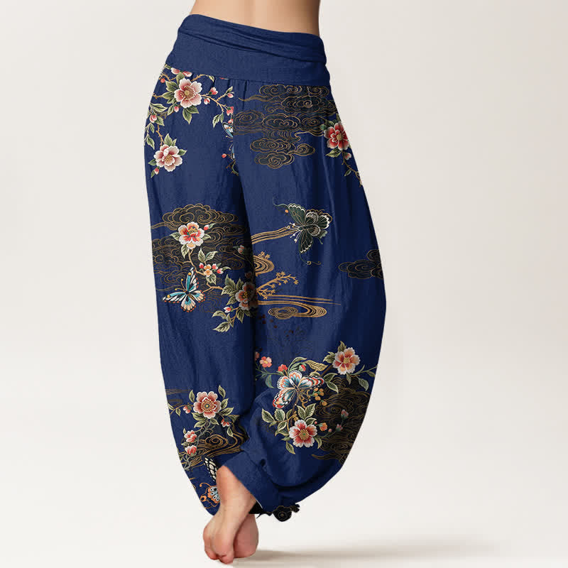 Buddha Stones Pure Cotton Floral Butterfly Pattern Women's Elastic Waist Harem Pants - image 6