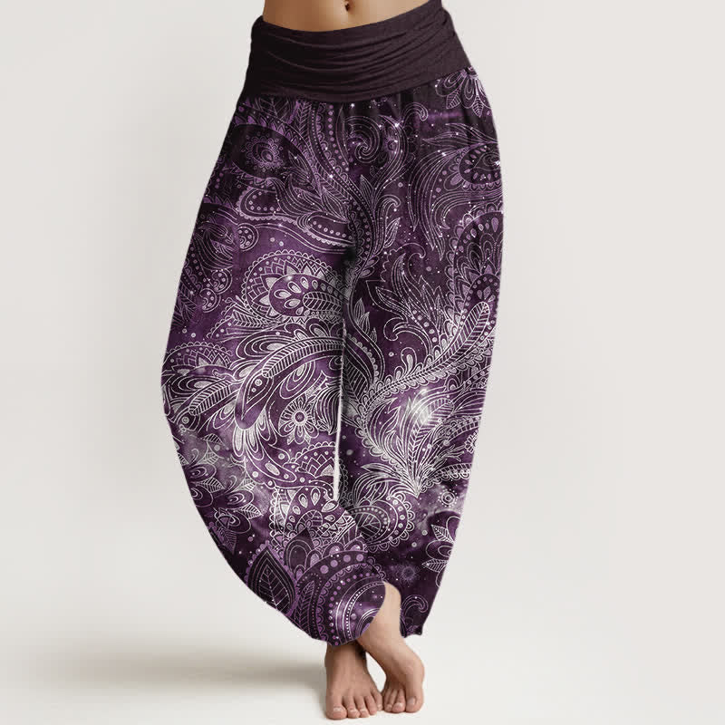 Buddha Stones Pure Cotton Elegant Paisley Pattern Women's Elastic Waist Harem Pants - Purple - US16，UK/AU20，EU48 (3XL) - image 5