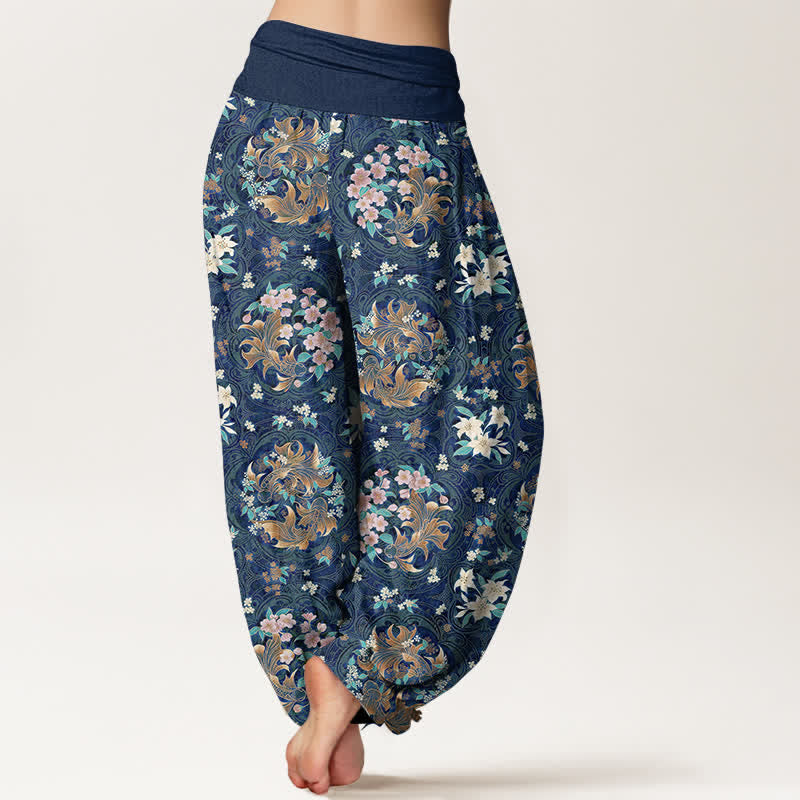 Buddha Stones Pure Cotton Floral Medallion Pattern Women's Elastic Waist Harem Pants - image 1