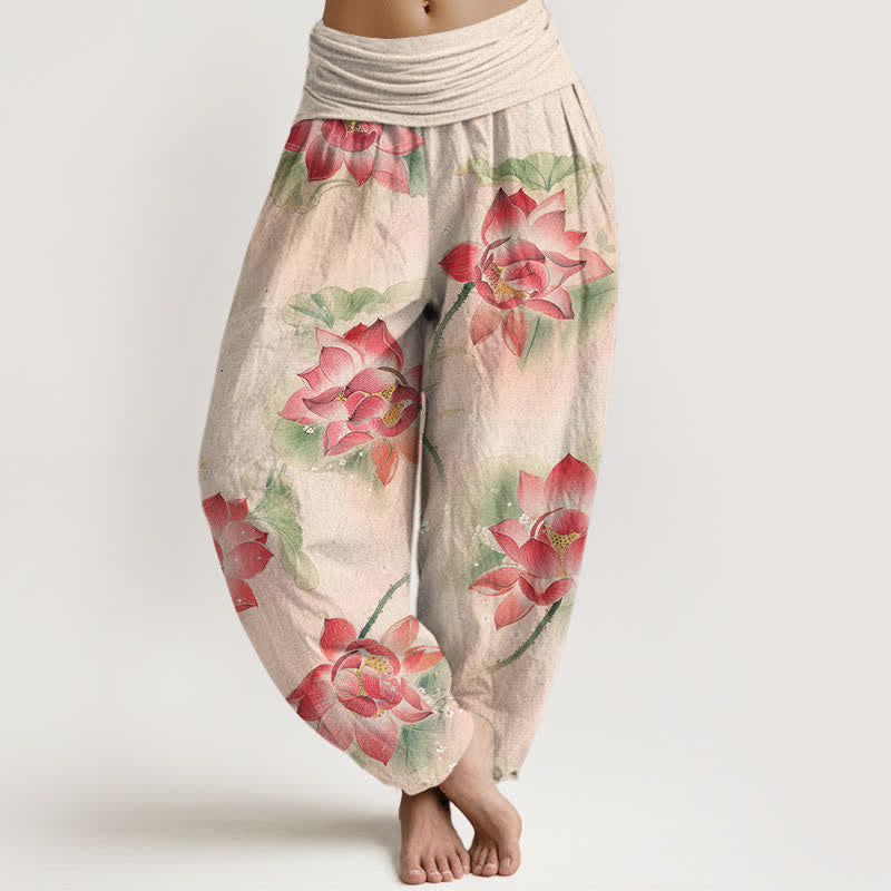 Buddha Stones Cotton Lotus Bloom Pattern Women's Elastic Waist Harem Pants - Linen - US16，UK/AU20，EU48 (3XL) - image 0