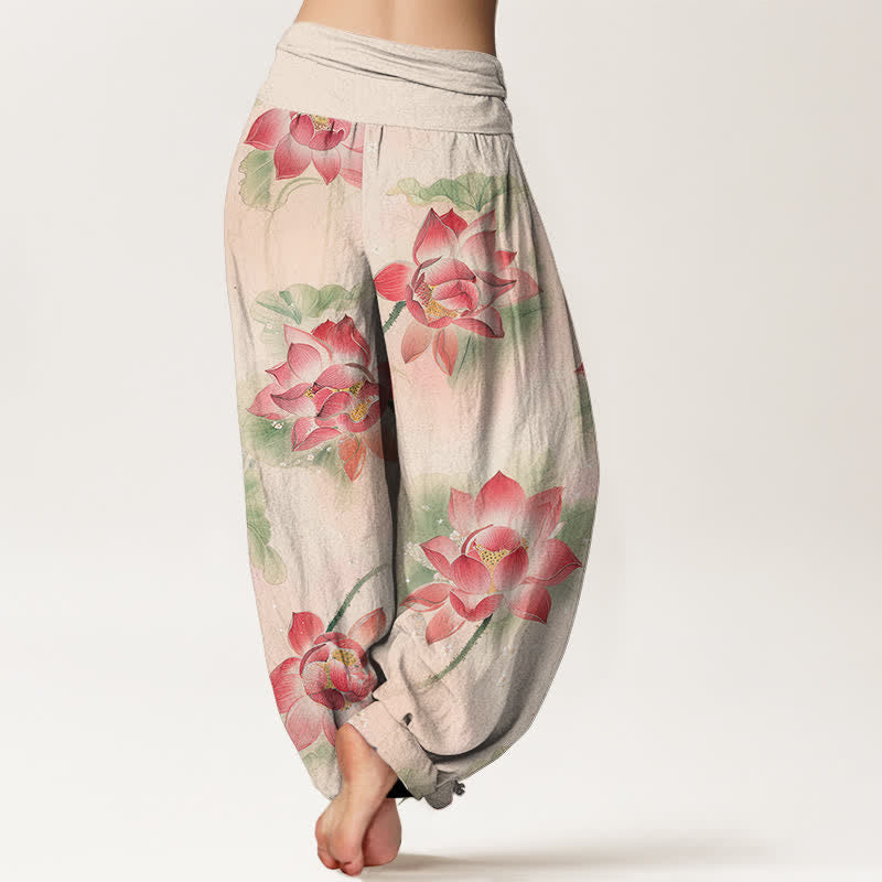 Buddha Stones Cotton Lotus Bloom Pattern Women's Elastic Waist Harem Pants - image 1