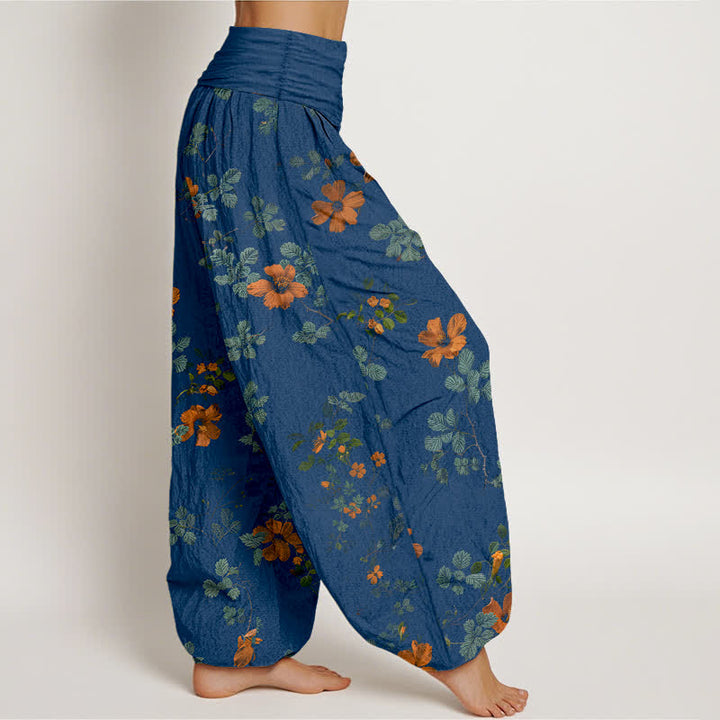 Buddha Stones Cotton Orange Floral Leaf Pattern Women's Elastic Waist Harem Pants - image 7