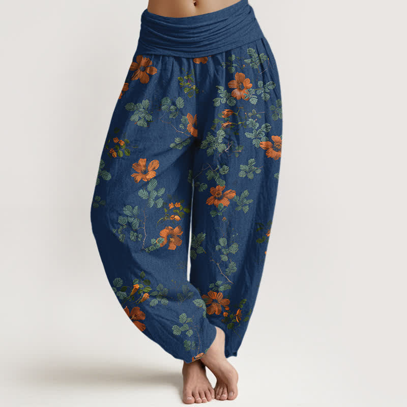 Buddha Stones Cotton Orange Floral Leaf Pattern Women's Elastic Waist Harem Pants - Navy - US16，UK/AU20，EU48 (3XL) - image 5
