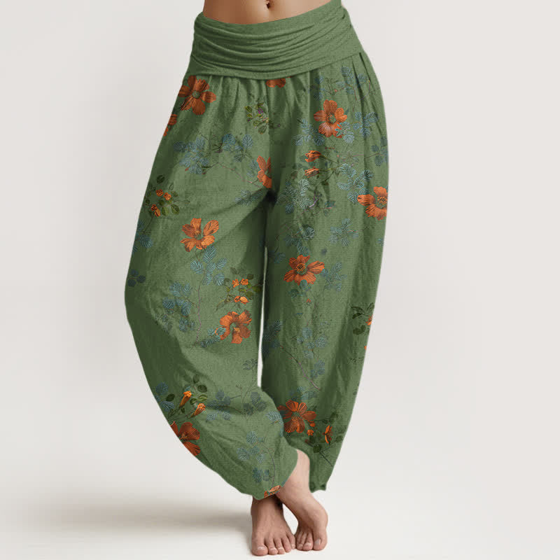 Buddha Stones Cotton Orange Floral Leaf Pattern Women's Elastic Waist Harem Pants - DarkSeaGreen - US16，UK/AU20，EU48 (3XL) - image 8
