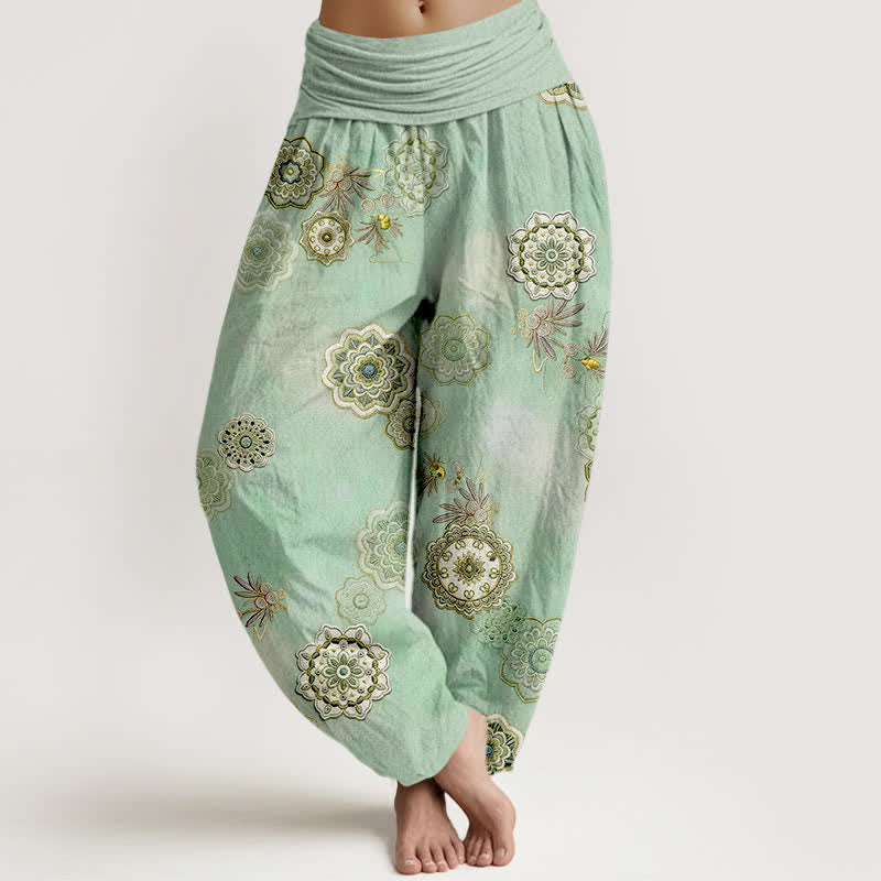 Buddha Stones Pure Cotton Mandala Floral Leaves Pattern Women's Elastic Waist Harem Pants - MediumSpringGreen - US16，UK/AU20，EU48 (3XL) - image 0