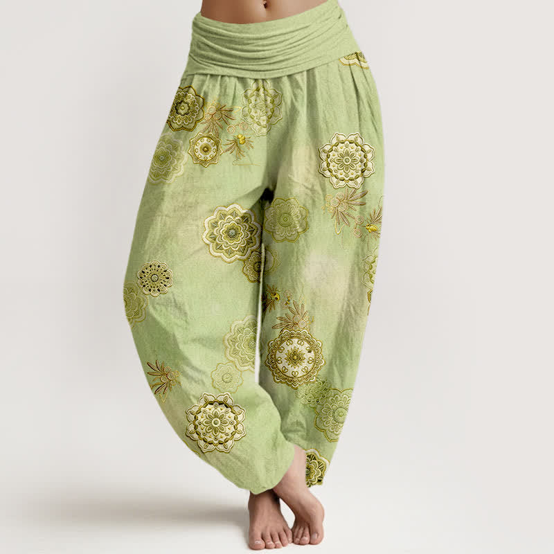 Buddha Stones Pure Cotton Mandala Floral Leaves Pattern Women's Elastic Waist Harem Pants - GreenYellow - US16，UK/AU20，EU48 (3XL) - image 5
