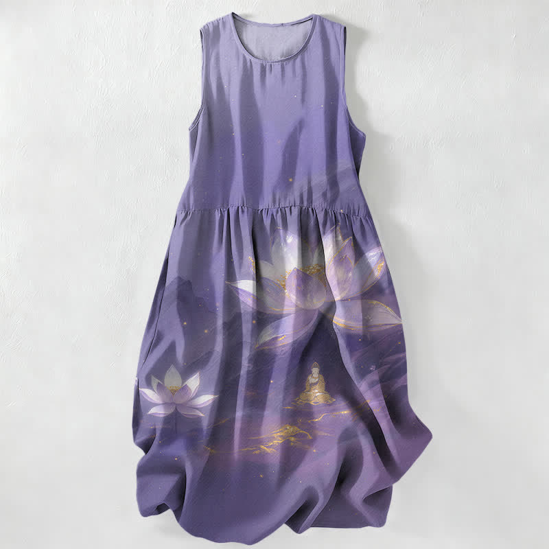 Buddha Stones Summer Casual Lotus Buddha Gold Accent Pattern Women's Summer Sleeveless Midi Dress With Pockets - MediumPurple - US16，UK/AU20，EU48 (3XL) - image 0