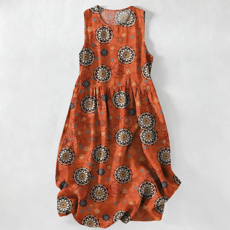 Buddha Stones Summer Casual Boho Mandala Medallion Pattern Women's Summer Sleeveless Midi Dress With Pockets - DarkOrange - US16，UK/AU20，EU48 (3XL) - image 0