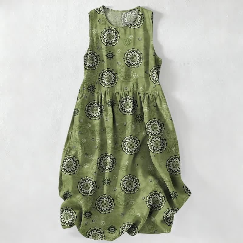 Buddha Stones Summer Casual Boho Mandala Medallion Pattern Women's Summer Sleeveless Midi Dress With Pockets - OliveDrab - US16，UK/AU20，EU48 (3XL) - image 4