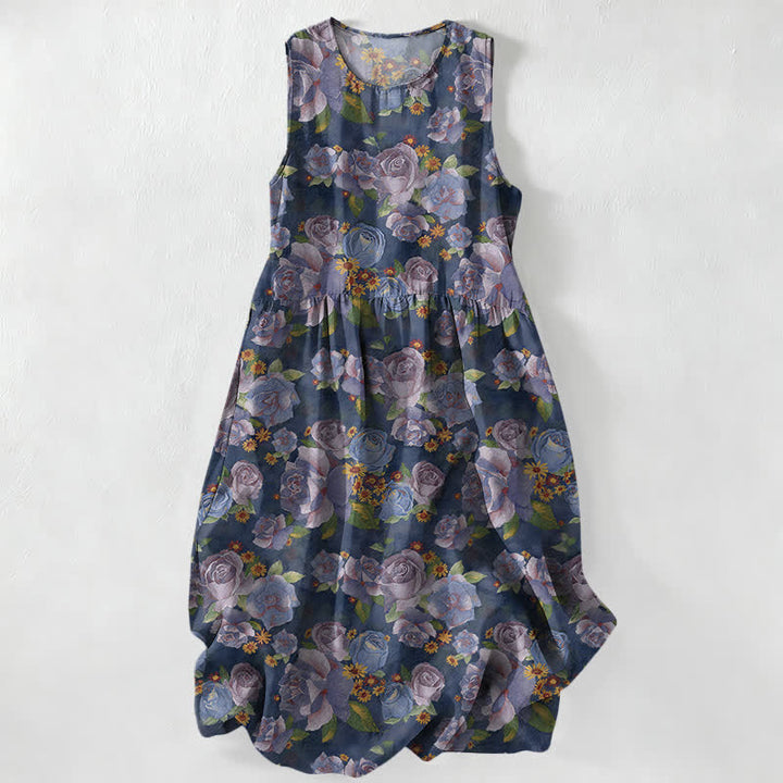 Buddha Stones Summer Casual Vintage Rose Flowers Pattern Women's Summer Sleeveless Midi Dress With Pockets - Navy - US16，UK/AU20，EU48 (3XL) - image 0