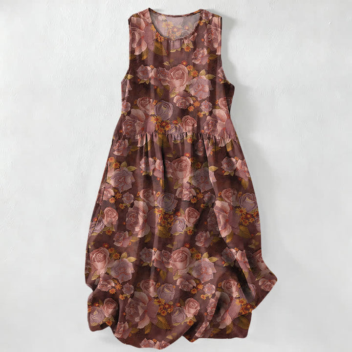 Buddha Stones Summer Casual Vintage Rose Flowers Pattern Women's Summer Sleeveless Midi Dress With Pockets - Sienna - US16，UK/AU20，EU48 (3XL) - image 5