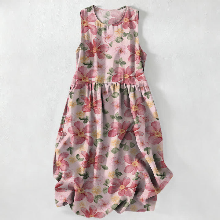 Buddha Stones Summer Casual Large Petals Leaves Pattern Women's Summer Sleeveless Midi Dress With Pockets - LightPink - US16，UK/AU20，EU48 (3XL) - image 0
