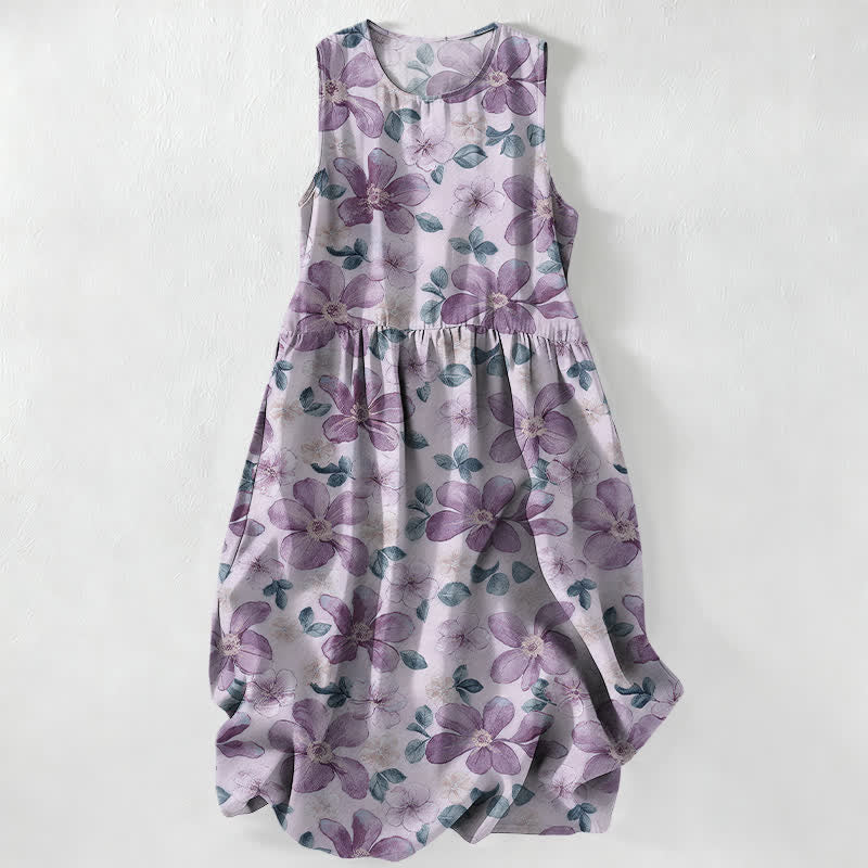 Buddha Stones Summer Casual Large Petals Leaves Pattern Women's Summer Sleeveless Midi Dress With Pockets - Lavender - US16，UK/AU20，EU48 (3XL) - image 4