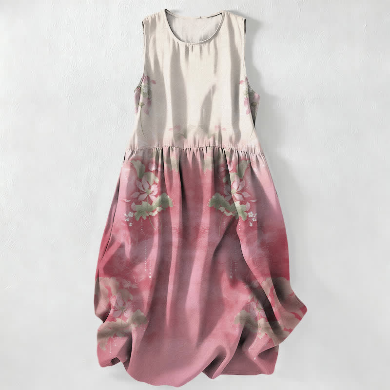 Buddha Stones Summer Casual Gradient Floral Leaves Pattern Women's Summer Sleeveless Midi Dress With Pockets - LightPink - US16，UK/AU20，EU48 (3XL) - image 0