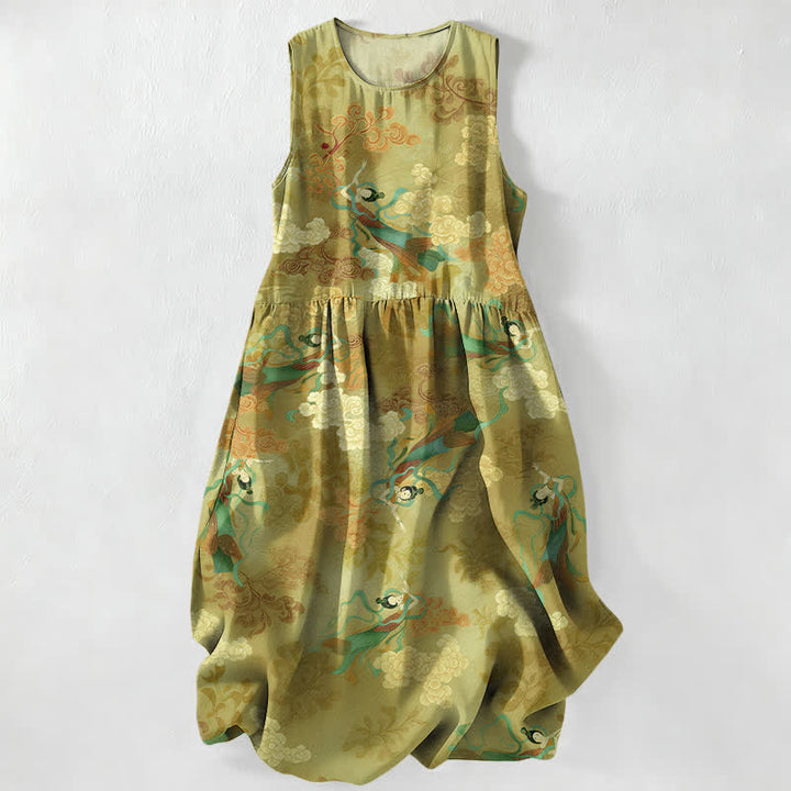 Buddha Stones Summer Casual Eastern Cloud Figure Pattern Women's Summer Sleeveless Midi Dress With Pockets - YellowGreen - US16，UK/AU20，EU48 (3XL) - image 5