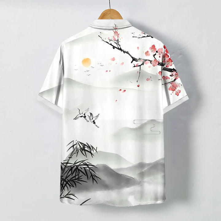 Buddha Stones Ink Landscape Crane Bamboo Plum Blossom Pattern Buttons Wrinkle-resistant Breathable Men's Short Sleeve Shirt - image 1