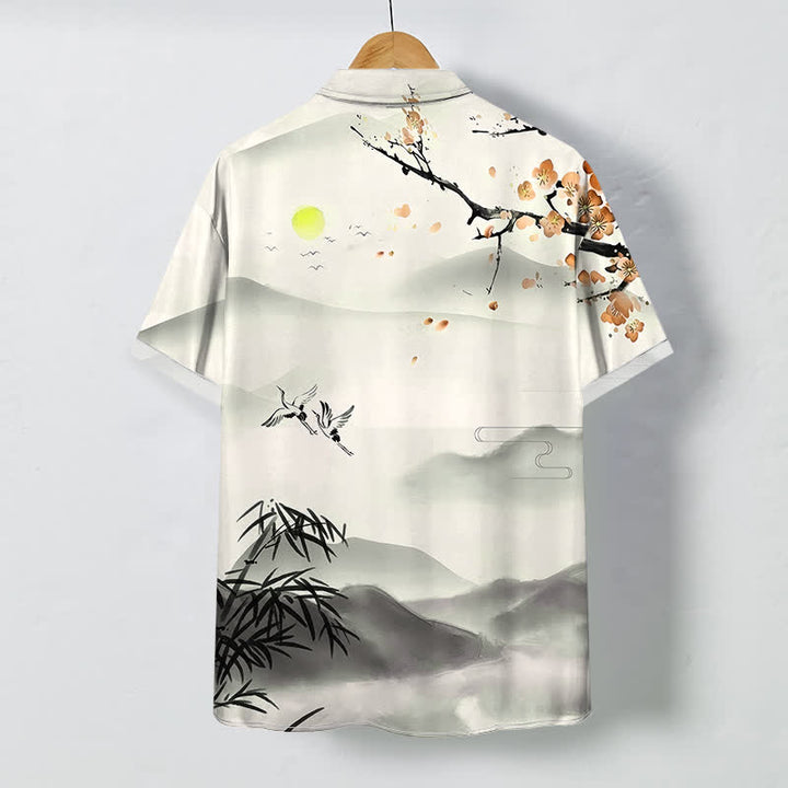 Buddha Stones Ink Landscape Crane Bamboo Plum Blossom Pattern Buttons Wrinkle-resistant Breathable Men's Short Sleeve Shirt - image 4