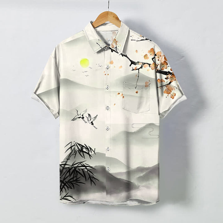 Buddha Stones Ink Landscape Crane Bamboo Plum Blossom Pattern Buttons Wrinkle-resistant Breathable Men's Short Sleeve Shirt - Ivory - US/UK/AU48，EU58 (4XL) - image 3