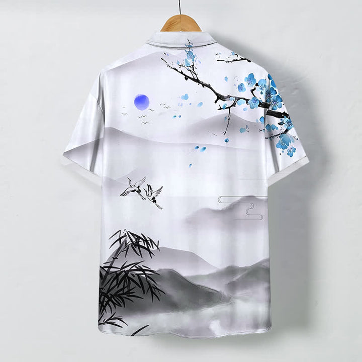 Buddha Stones Ink Landscape Crane Bamboo Plum Blossom Pattern Buttons Wrinkle-resistant Breathable Men's Short Sleeve Shirt - image 7