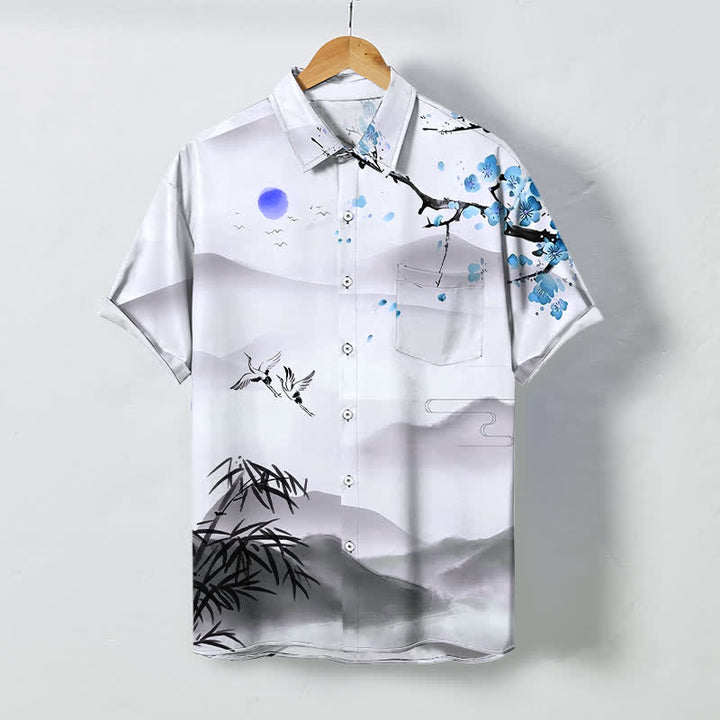 Buddha Stones Ink Landscape Crane Bamboo Plum Blossom Pattern Buttons Wrinkle-resistant Breathable Men's Short Sleeve Shirt - AliceBlue - US/UK/AU48，EU58 (4XL) - image 6