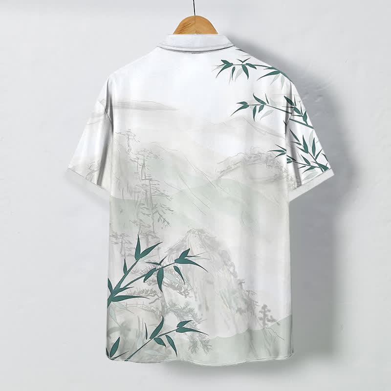 Buddha Stones Ink Landscape Bamboo Pattern Buttons Breathable Men's Short Sleeve Shirt - image 1