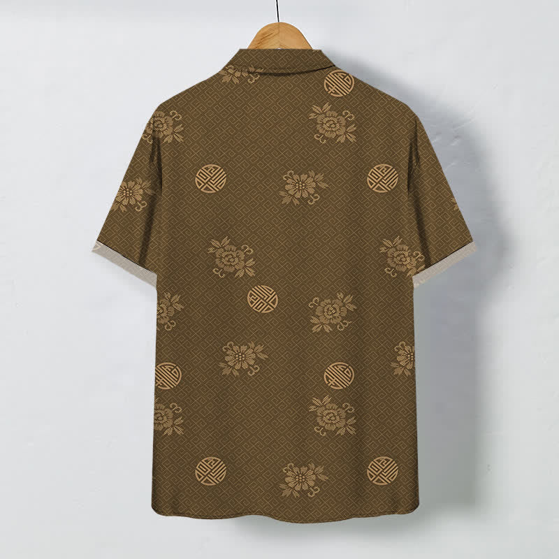 Buddha Stones Geometric Floral Medallion Pattern Buttons Breathable Men's Short Sleeve Shirt - image 1