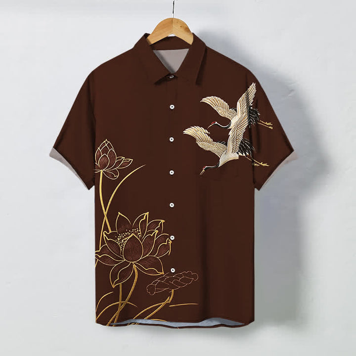 Buddha Stones Crane Lotus Pattern Buttons Breathable Men's Short Sleeve Shirt - SaddleBrown - US/UK/AU48，EU58 (4XL) - image 0