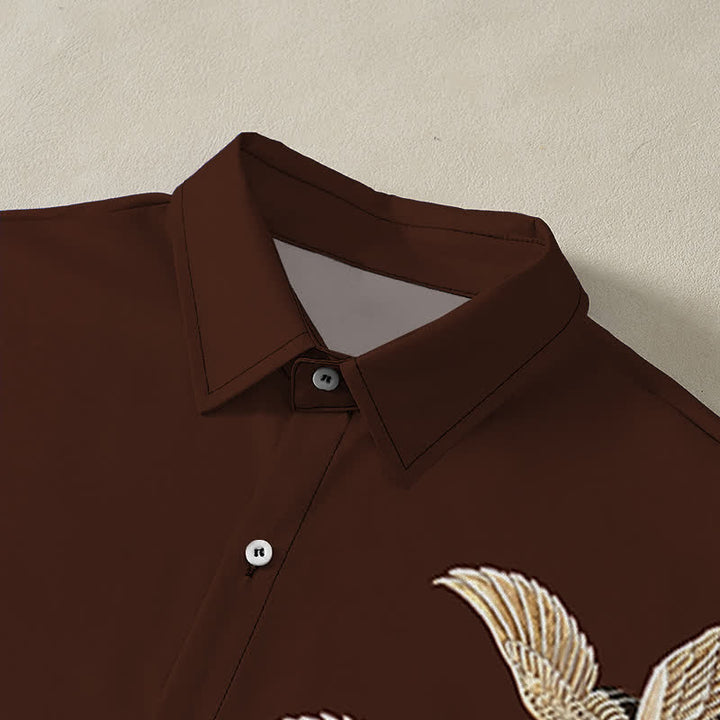 Buddha Stones Crane Lotus Pattern Buttons Breathable Men's Short Sleeve Shirt - image 2