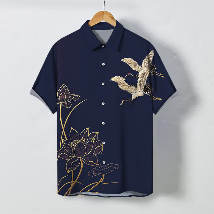 Buddha Stones Crane Lotus Pattern Buttons Breathable Men's Short Sleeve Shirt - Navy - US/UK/AU48，EU58 (4XL) - image 5