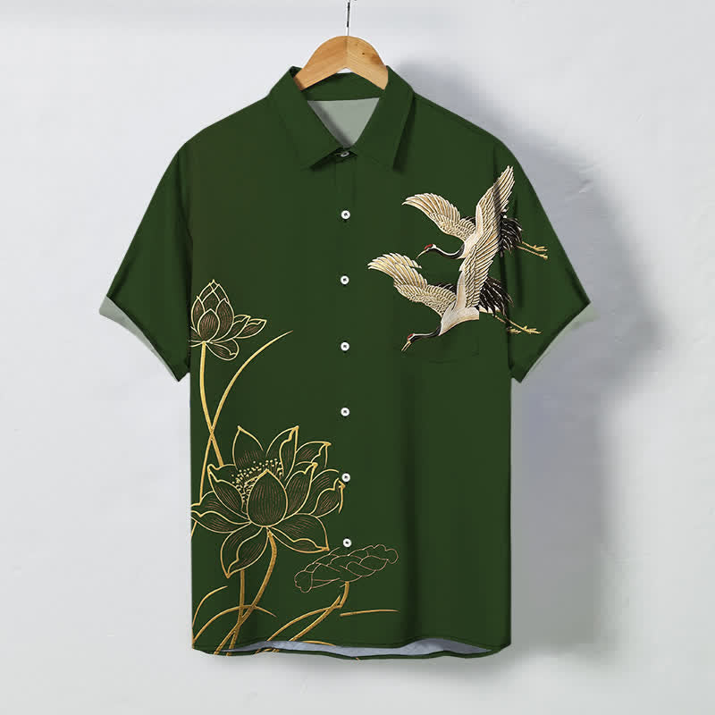 Buddha Stones Crane Lotus Pattern Buttons Breathable Men's Short Sleeve Shirt - ForestGreen - US/UK/AU48，EU58 (4XL) - image 10