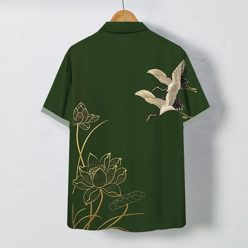 Buddha Stones Crane Lotus Pattern Buttons Breathable Men's Short Sleeve Shirt - image 11