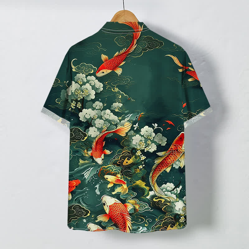 Buddha Stones Red Koi Fish Cloud Wave White Floral Pattern Buttons Wrinkle-resistant Men's Short Sleeve Shirt - image 1