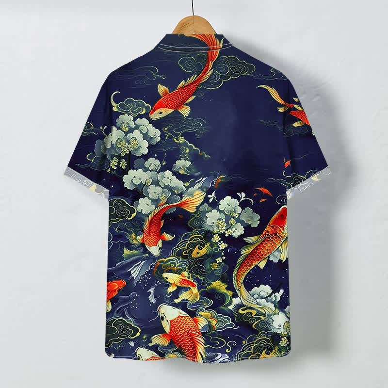 Buddha Stones Red Koi Fish Cloud Wave White Floral Pattern Buttons Wrinkle-resistant Men's Short Sleeve Shirt - image 4