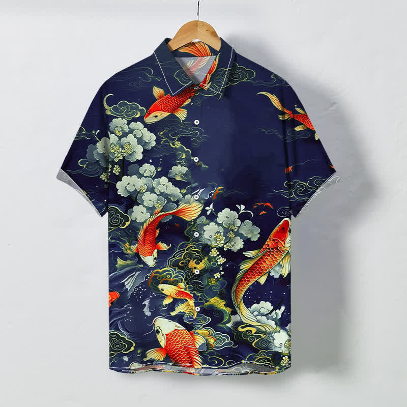 Buddha Stones Red Koi Fish Cloud Wave White Floral Pattern Buttons Wrinkle-resistant Men's Short Sleeve Shirt - Navy - US/UK/AU48，EU58 (4XL) - image 3