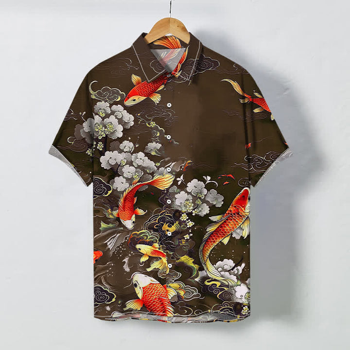 Buddha Stones Red Koi Fish Cloud Wave White Floral Pattern Buttons Wrinkle-resistant Men's Short Sleeve Shirt - SaddleBrown - US/UK/AU48，EU58 (4XL) - image 6