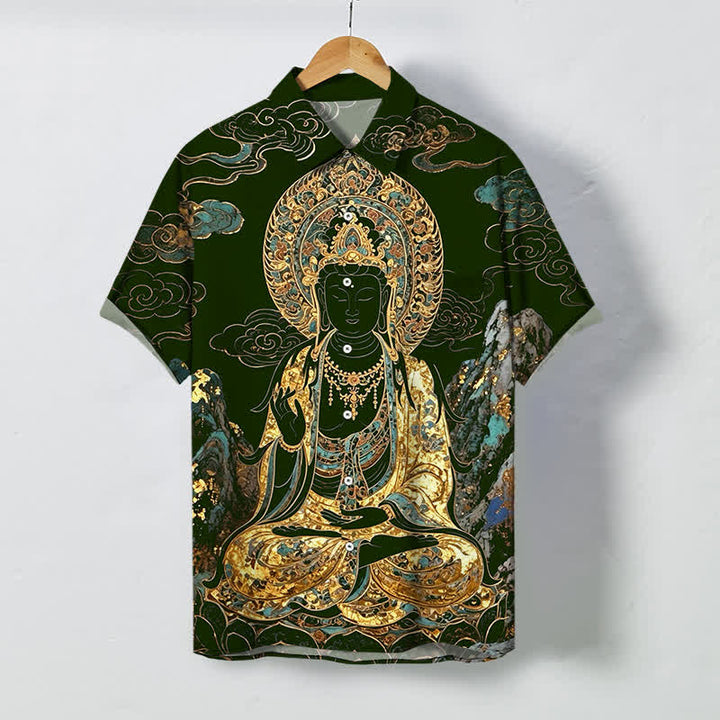 Buddha Stones Golden Buddha Cloud Pattern Buttons Wrinkle-resistant Men's Short Sleeve Shirt - DarkGreen - US/UK/AU48，EU58 (4XL) - image 5
