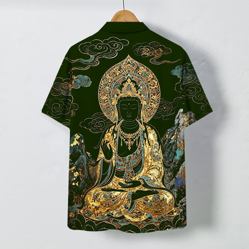 Buddha Stones Golden Buddha Cloud Pattern Buttons Wrinkle-resistant Men's Short Sleeve Shirt - image 6